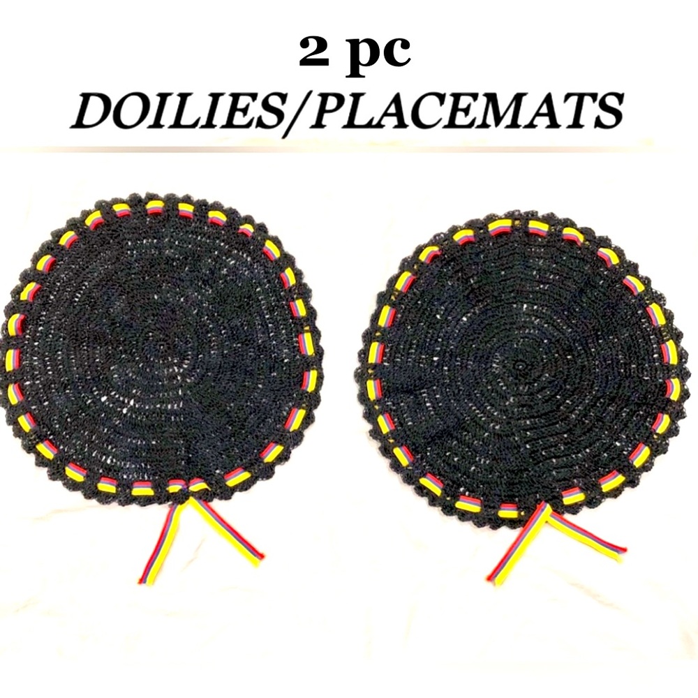 (2pc) DOILIES/PLACEMATS round crocheted black with ribbon 2pc set size13.5” NWOT